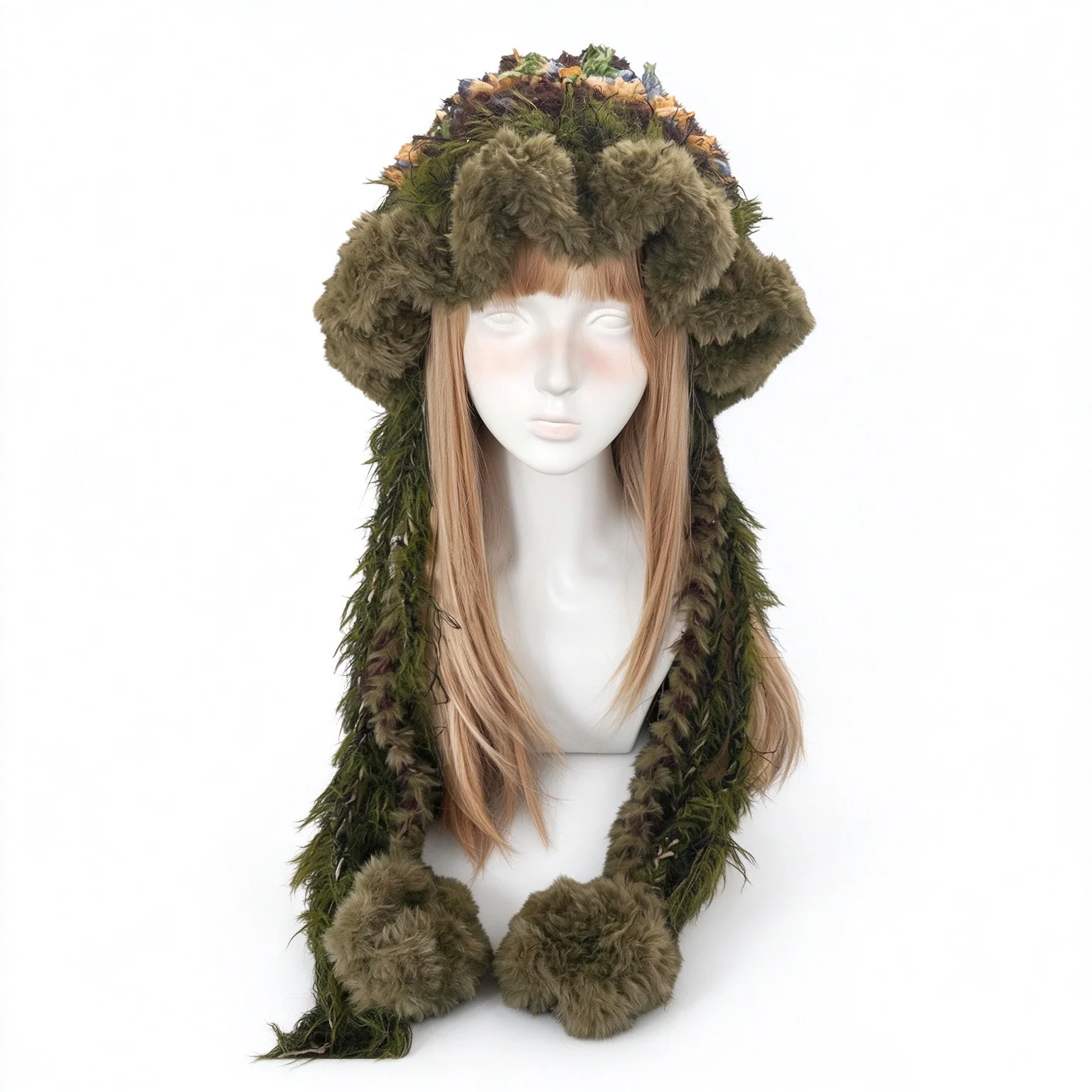 Handmade Forest Green Bucket Hat Women Custom Crochet Flower Ruffled Brim Long Tie Beanie Men Woodland Cosplay Hood Cap Girls