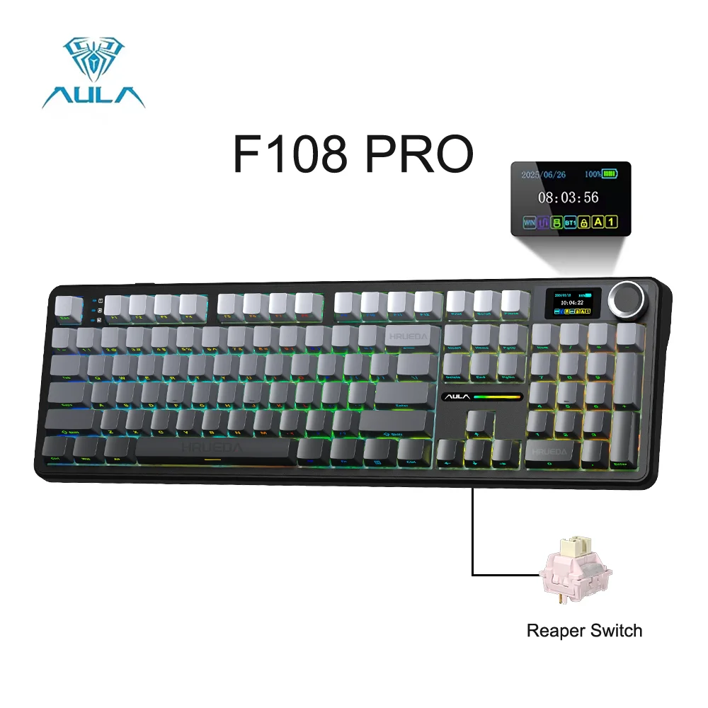 AULA F108 PRO Wireless Mechanical Keyboard with Screen Knob Full Size 8000mAh Battery RGB Backlit Hot Swappable Gaming Keyboard