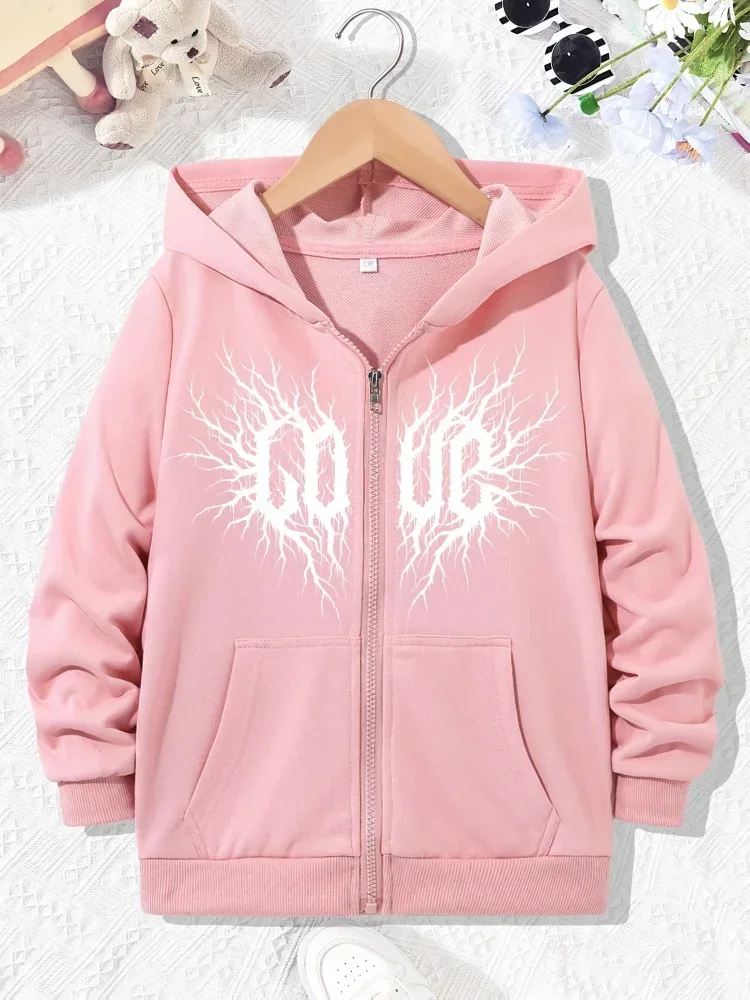 Dark Aesthetic Thorn Branch GO VE Full Zip Hoodie Gray Grunge Split Letter Print Long Sleeve Casual Streetwear For Kids