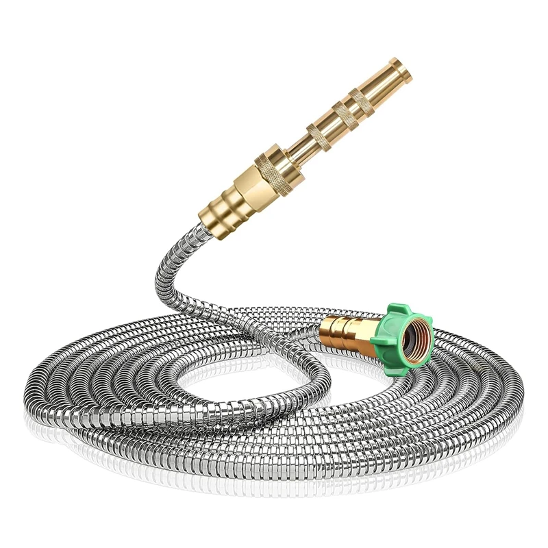 Garden Hose 25FT Metal Water Hose With Brass Nozzle, Durable Fittings, Puncture Resistant, Easy To Use & Store Easy Install