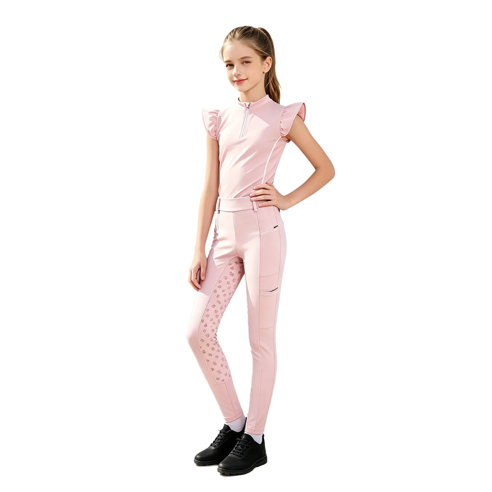 Kids Girls 2pcs Horse Riding Clouthes Zipper Ruffled Sleeves Tank Top Vest with Anti-slip Full Seat Equestrian Pants Set