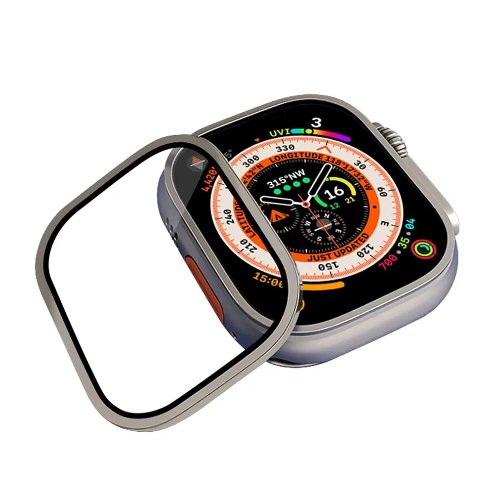 Gehärtetes Glas für Apple Watch Ultra 49mm Titan-Metallrahmen-Schutzfolie für Series Ultra 2 Displayschutz Kratzfeste Abdeckung