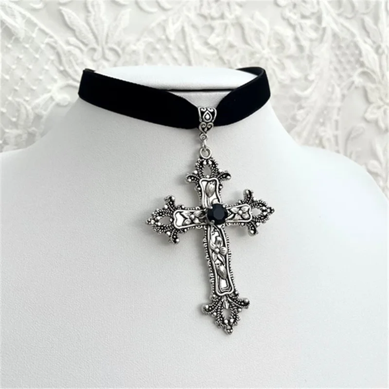 Vintage Antique Silver Color Cross Choker Black Rhinestone Gothic Black Rope Necklace Perfect for Victorian - Themed Gatherings