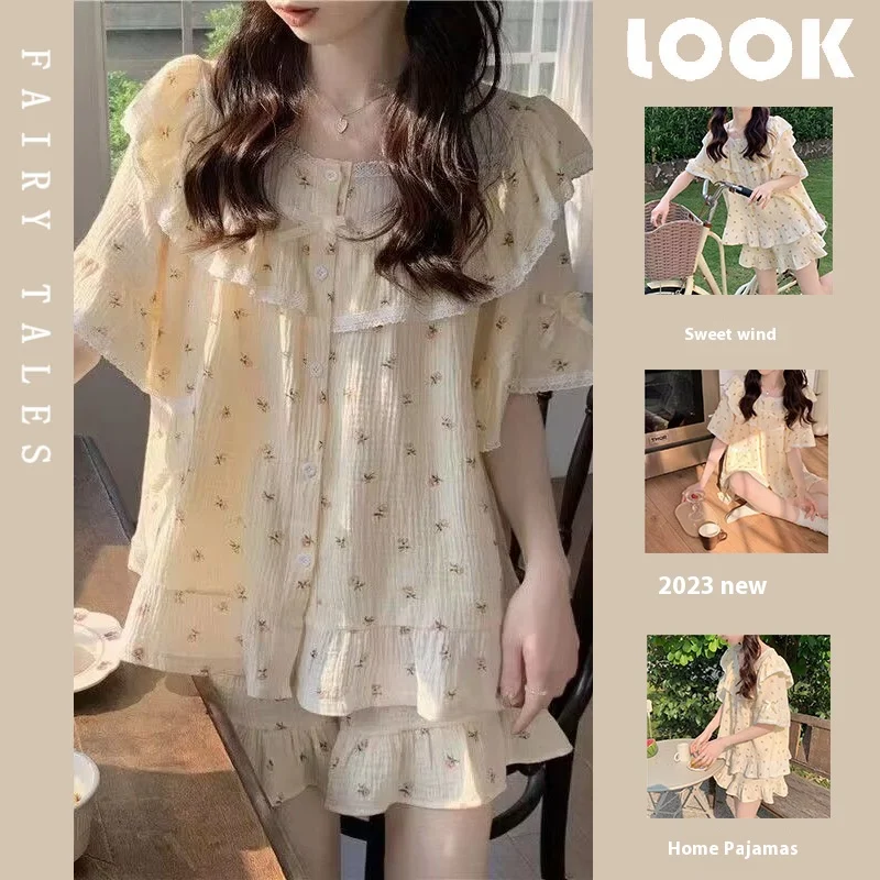 

Summer Ladies New Short-Sleeved Pajamas Home Suit Girls Lace Floral Shorts Pajamas Student Summer Pint-Sized Homewear Set