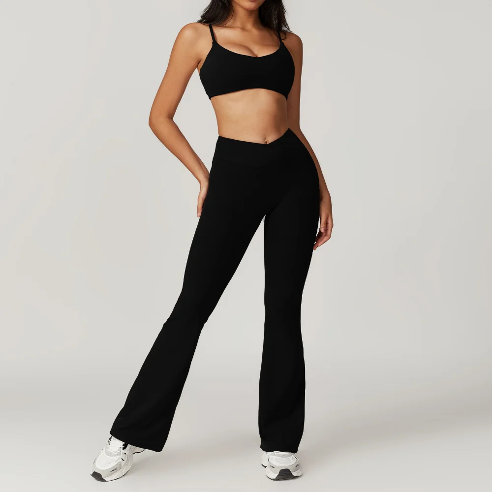 Women Sportswear Yoga Set 2PCS Sport Suit Gym Workout Clothes Short Sleeve Crop Top High Waist Flare Leggings Fitness Tracksuit