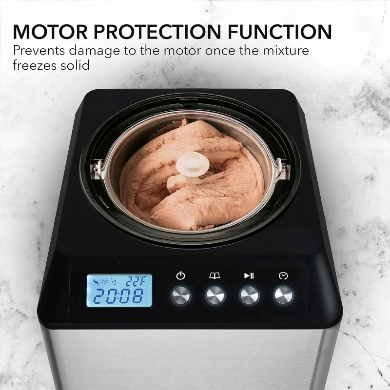 Ice Cream Maker Machine Automatic 2.1 Qt. upright with Built-in Compressor, LCD Digital Display & Timer, No Pre-Freezing