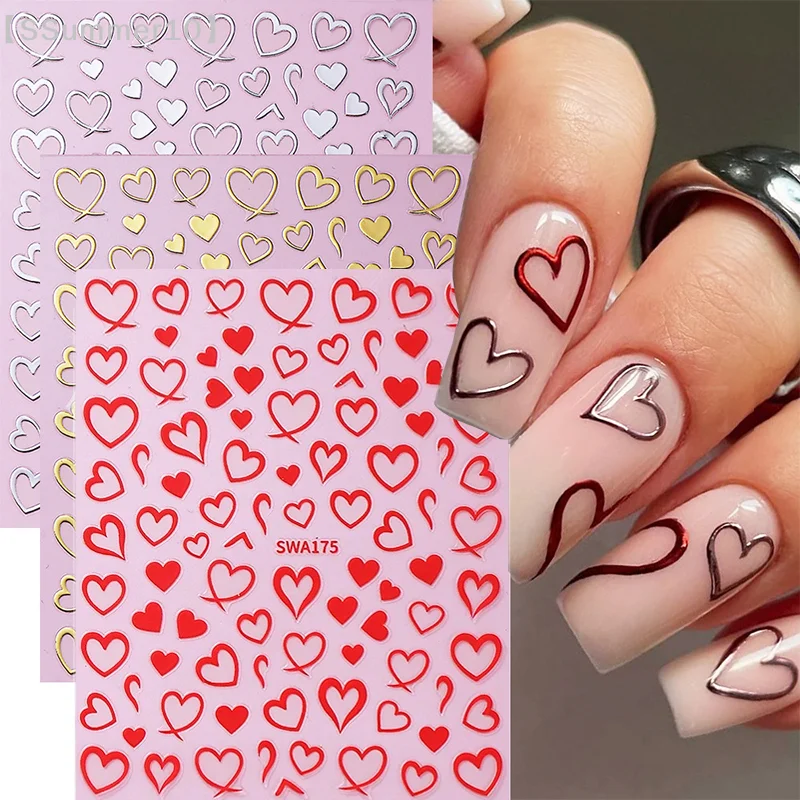 

【SSummer10】3Pcs Bronzing Love Heart Nail Stickers-Red Gold Silver Line Decals DIY Adhesive Slider Valentine's Manicure Decor【SS】