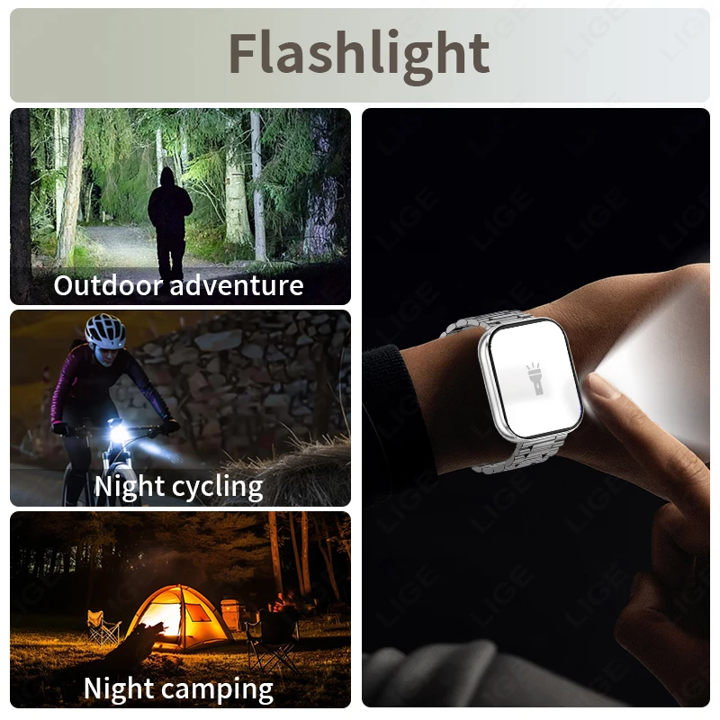 Reloj inteligente LIGE con batería grande de 1000mAh para exteriores, reloj inteligente con pantalla completamente táctil de 2,04 ", linterna LED, relojes inteligentes de salud y ritmo cardíaco