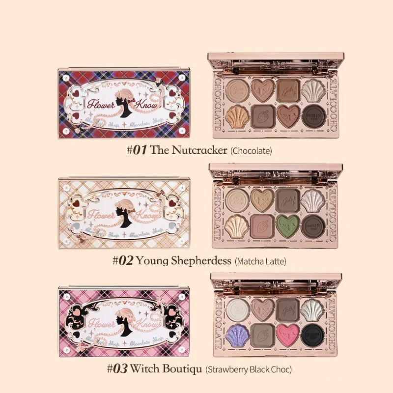 Flower Knows Makeup Eyeshadow Chocolate Wonder-Shop Glitter Matte Eye Shadow Palette 8-Color Eye Vegan Makeup Cosmetics