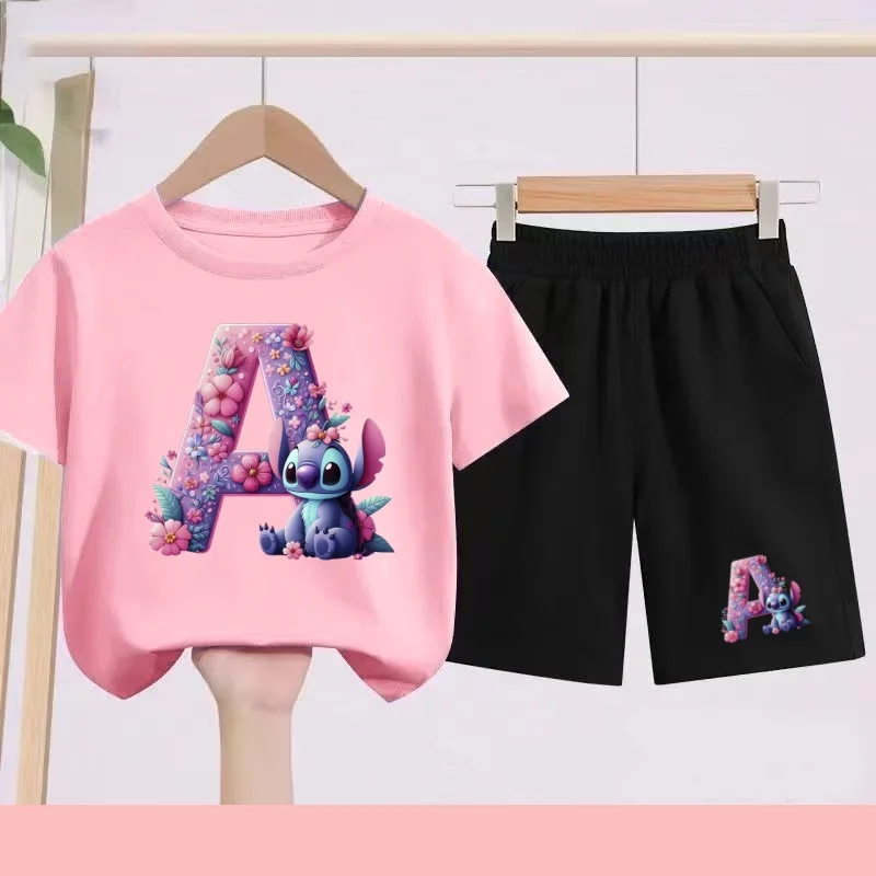 

Ages 3 to 13 Children's Clothing Disney Stitch T-shirt+Shorts Boy Girl Anime Letters A-Z Printed Short Sleeve T-shirt Summer Top