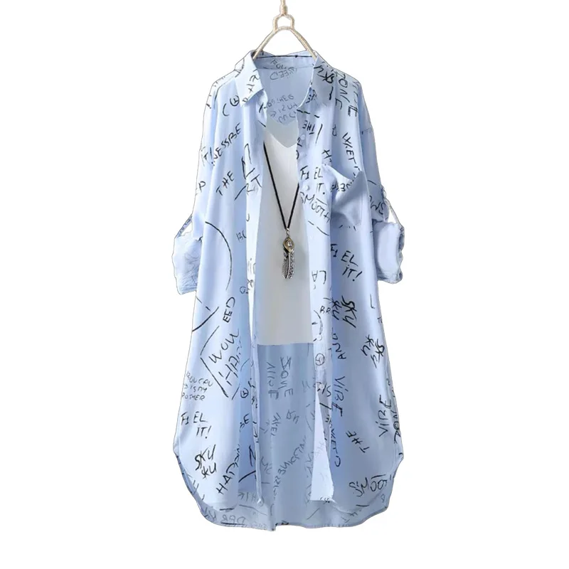 Long-sleeved shirt for women spring and summer letter printed loose sun protection cardigan top shirt thin coat mid-length image 5
