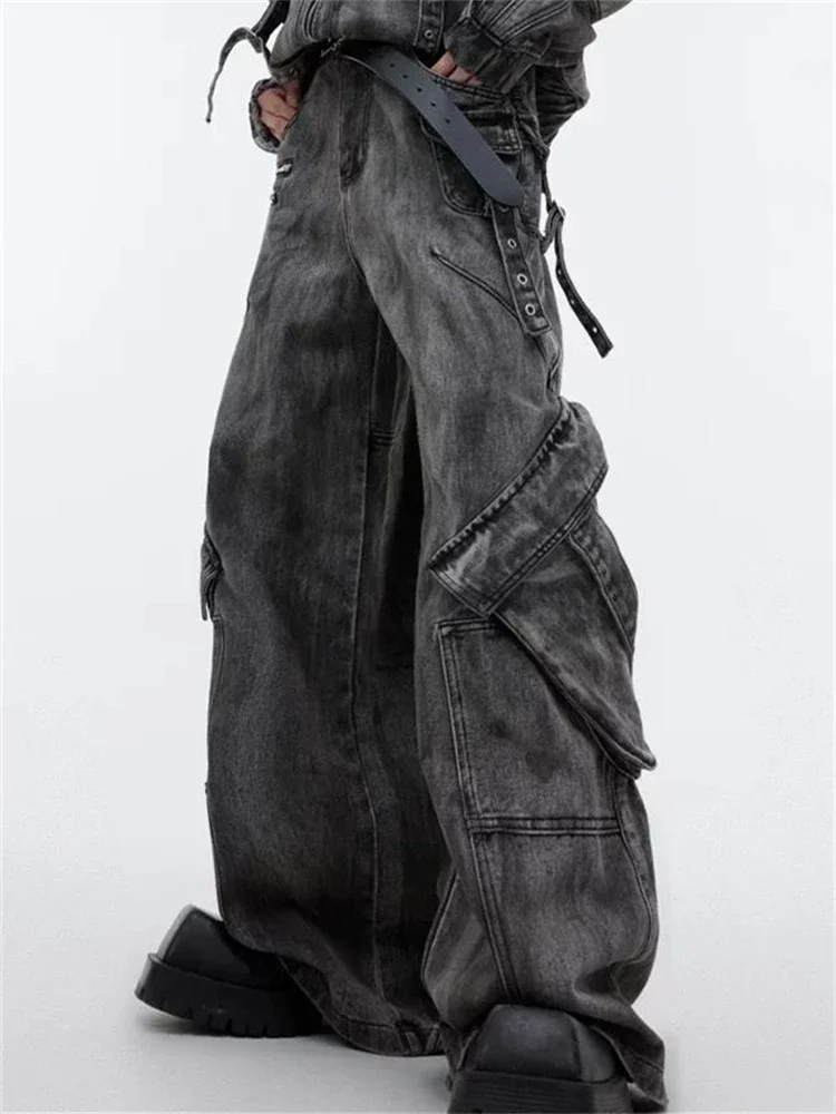 Women's Large Pocket Vibe Street Zipper Unisex Jeans High Waisted Straight Trouser Streetwear Casual Loose Wide Leg Denim Pants