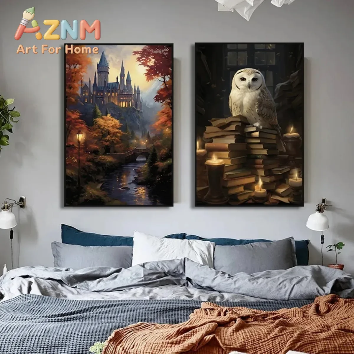 Canvas Painting Vintage Wall Art Ghosts Forest Wizard Hat Magical Castle Poster White Owl in Wizard Library Halloween Home Decor