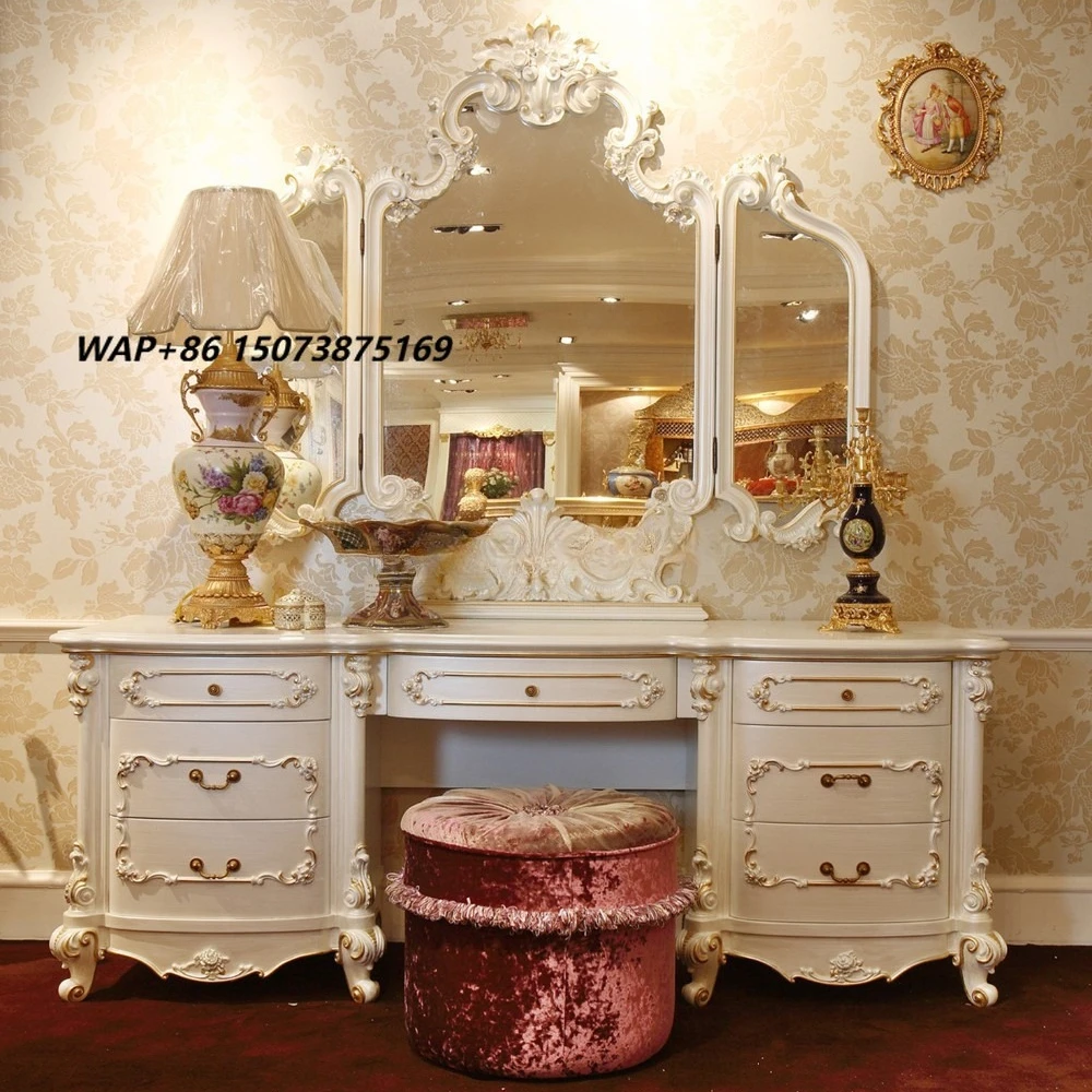 French Classic Wooden Dressing Makeup Table With Mirror/ Romantic White Carving Vanity Dresser Table Set/ Purple Bedroom Set