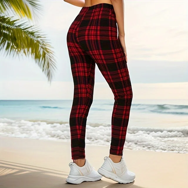 Damskie legginsy sportowe i fitness w czarno-czerwoną kratkę