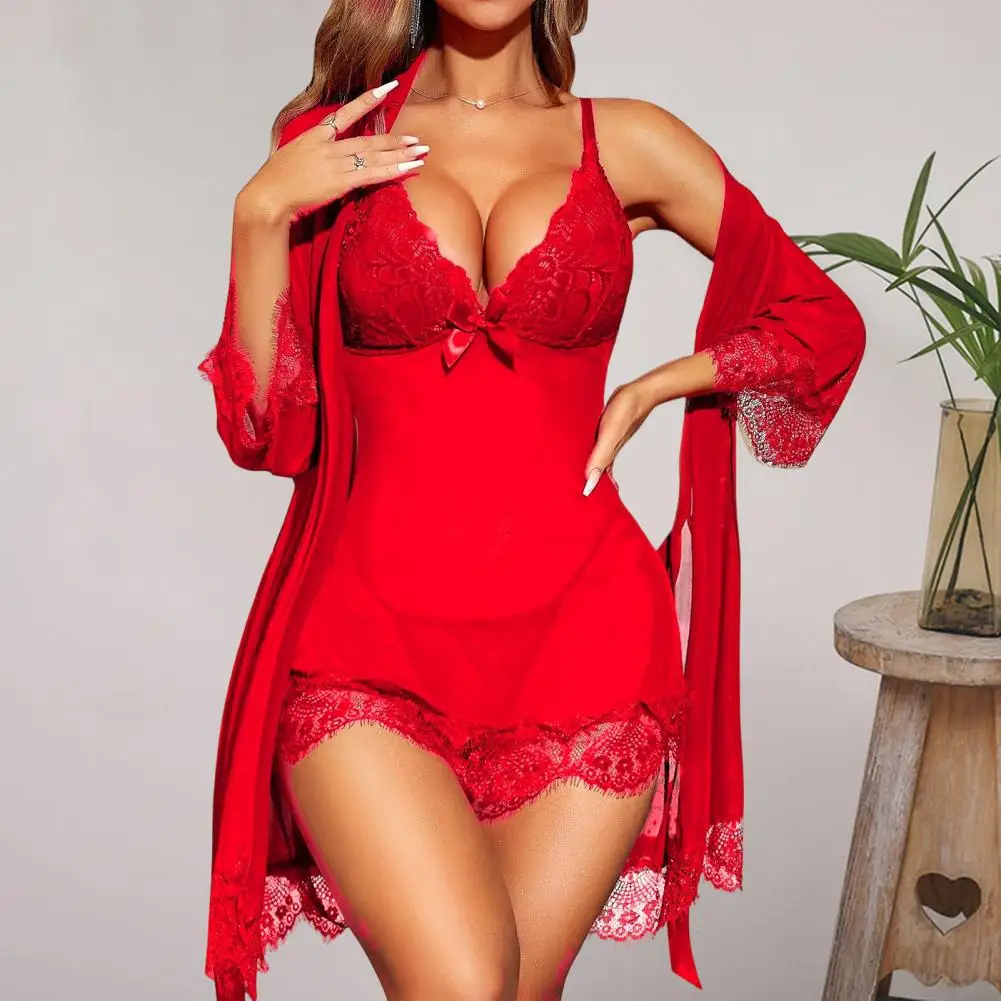 

Теплый пижамный комплект из полиэстера, сексуальный кружевной пижамный комплект для женщин, прозрачная сетчатая ночная сорочка-комбинация, кимоно-халат, стринги