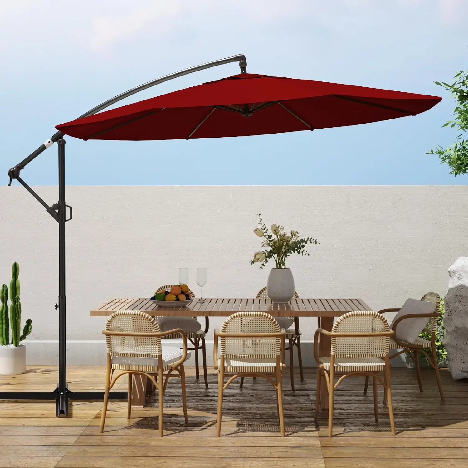 10ft Patio Umbrellas Offset Outdoor Cantilever Hanging Umbrella, Fade Resistant Waterproof Recycled Fabric Canopy for Yard, Garden & Deck, Burgundy Red