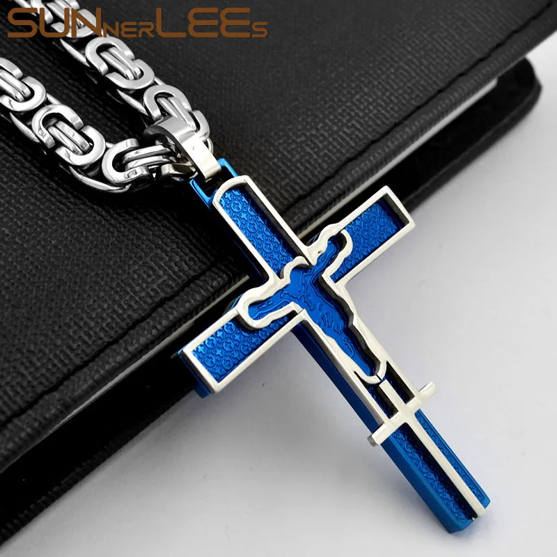 

SUNNERLEES Stainless Steel Jesus Christ Cross Pendant Necklace Byzantine Link Chain Silver Color Gold Plated Men Boys Gift SP260