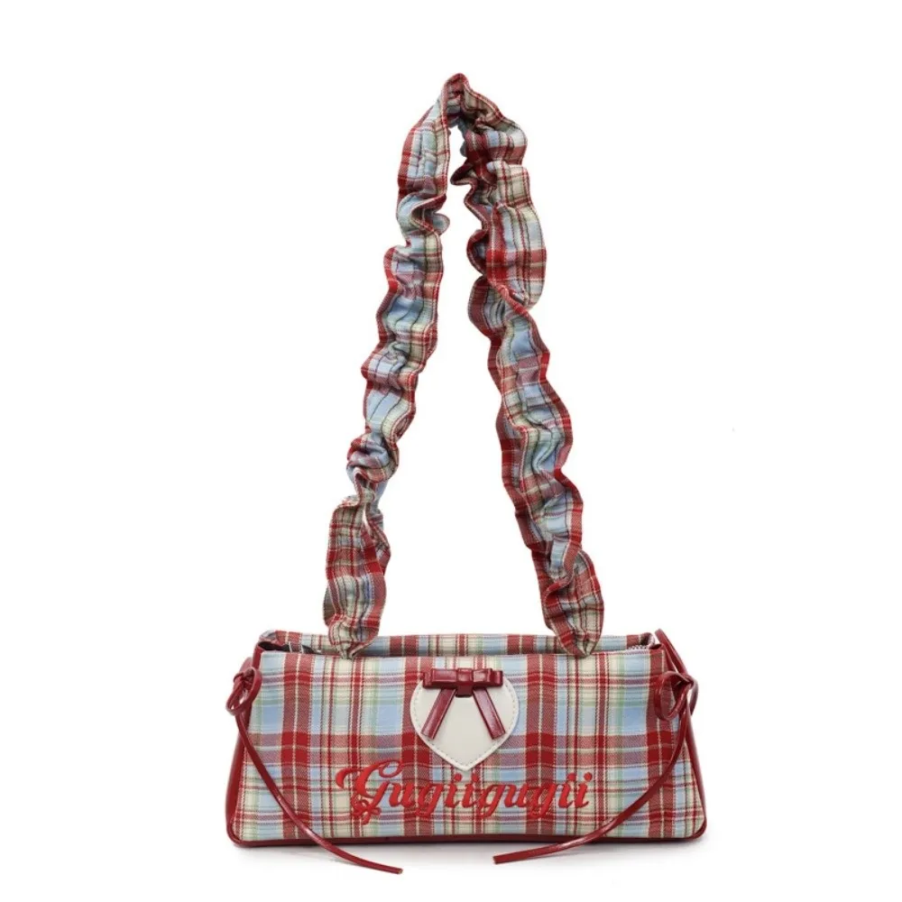 

Drawstring Shoulder Strap French Stick Handbag Pleated Bow Ribbon Plaid Shoulder Bag Heart Contrast Color Cloth Underarm Bags