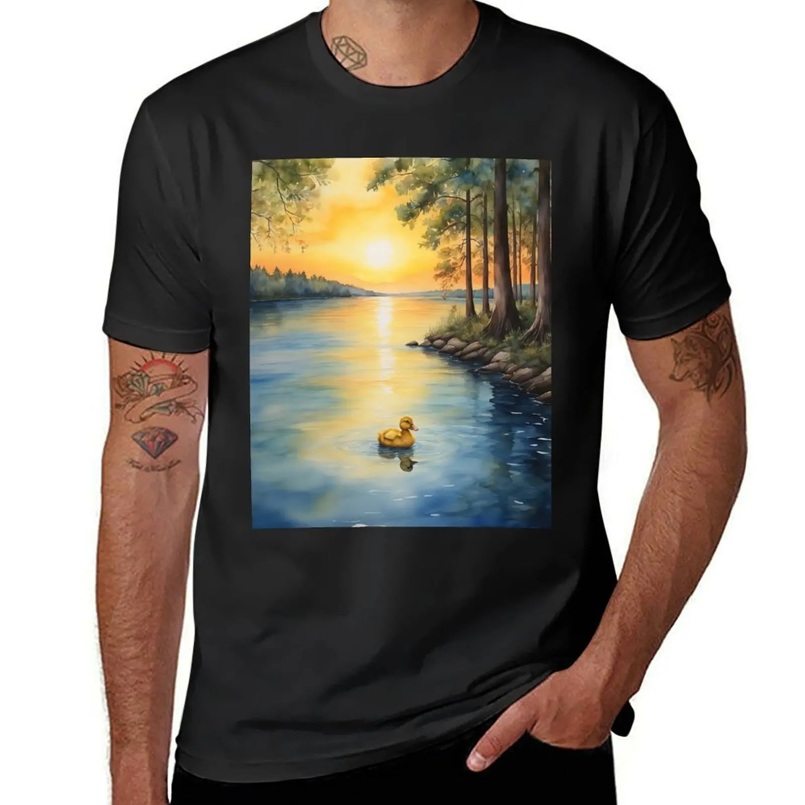 Sunset with a Duckling Swimming in Blue Waters T-Shirt oversizeds funnys for a boy summer tops Men's cotton t-shirt