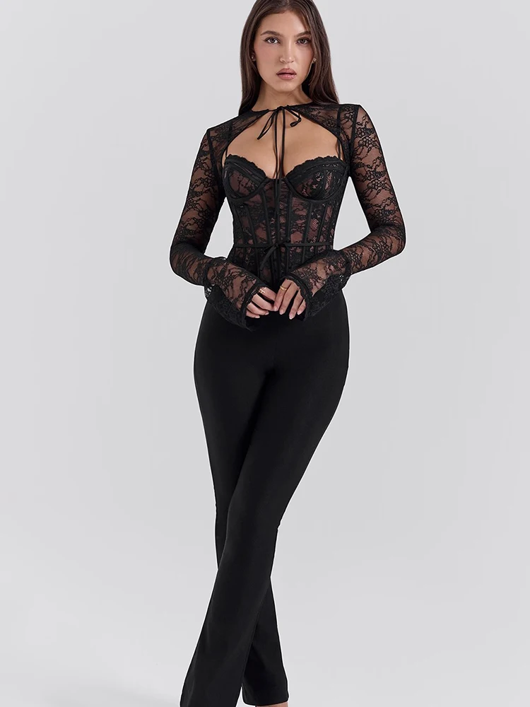 Fantoye Sexy See Through Lace Women Tops Black Long Sleeve Print Floral Two Piece Sets Female Autumn Skinny Elegant Streetwear