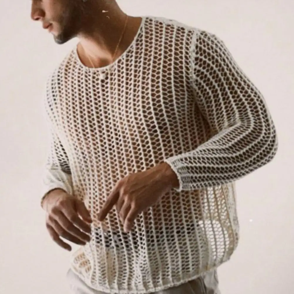 Wear Men Mesh T-shirts Bottoming Shirt Knitted Mesh Top Clothing Autumn Men Knitted Mesh Top Long Sleeve Tees Club Streetwear