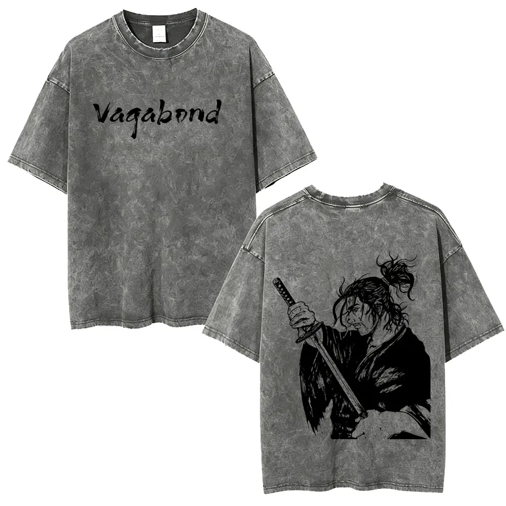 Anime Vagabond Miyamoto Musashi Vintage Washed T-shirt Men Casual Oversized T Shirt Men's Fashion High Quality Cotton T-shirts