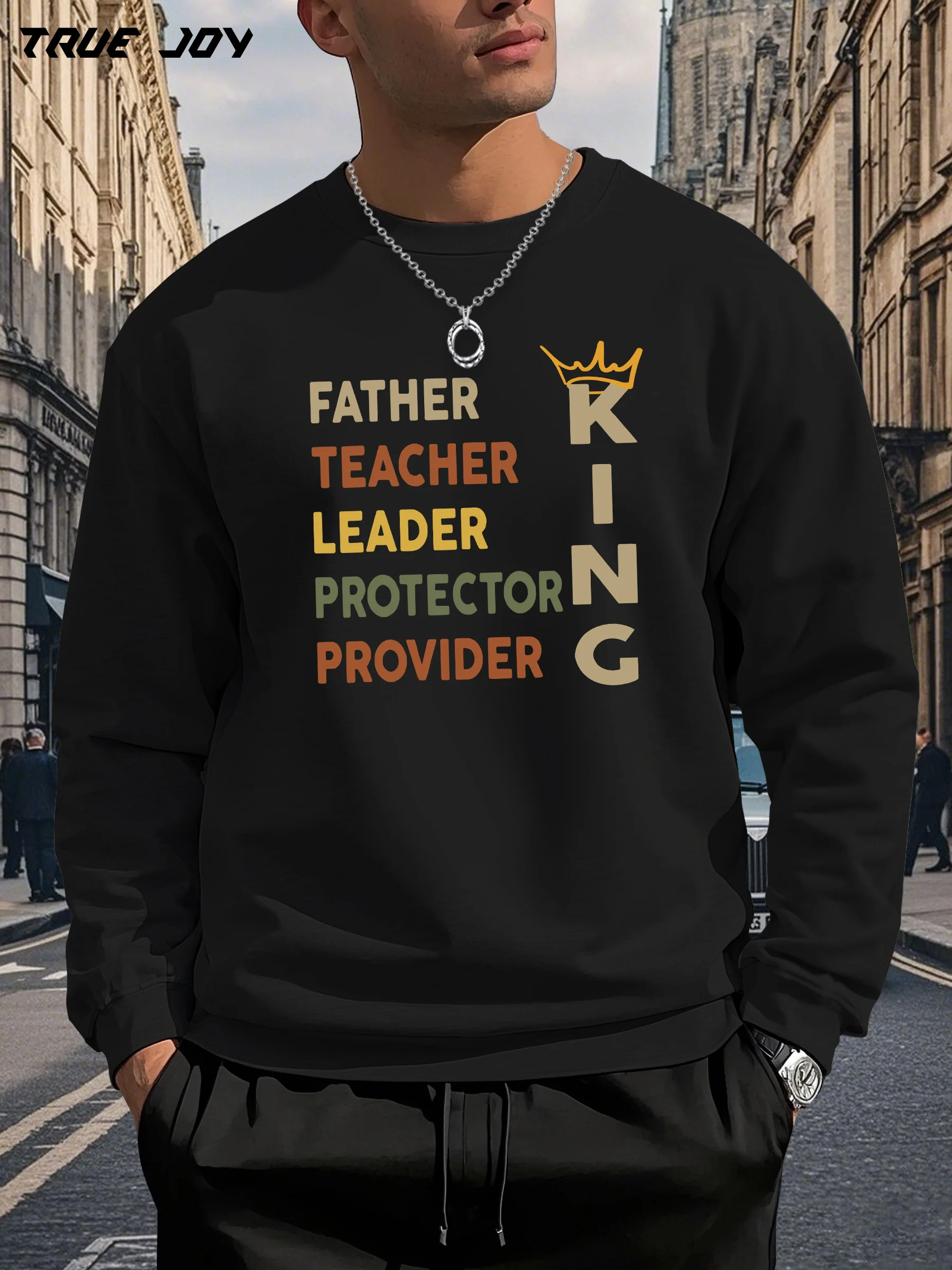 

Мужская повседневная толстовка с круглым вырезом и длинными рукавами — свободная посадка «FATHER TEACHER LEADER PROTECTOR KING» с графическим принтом в виде короны