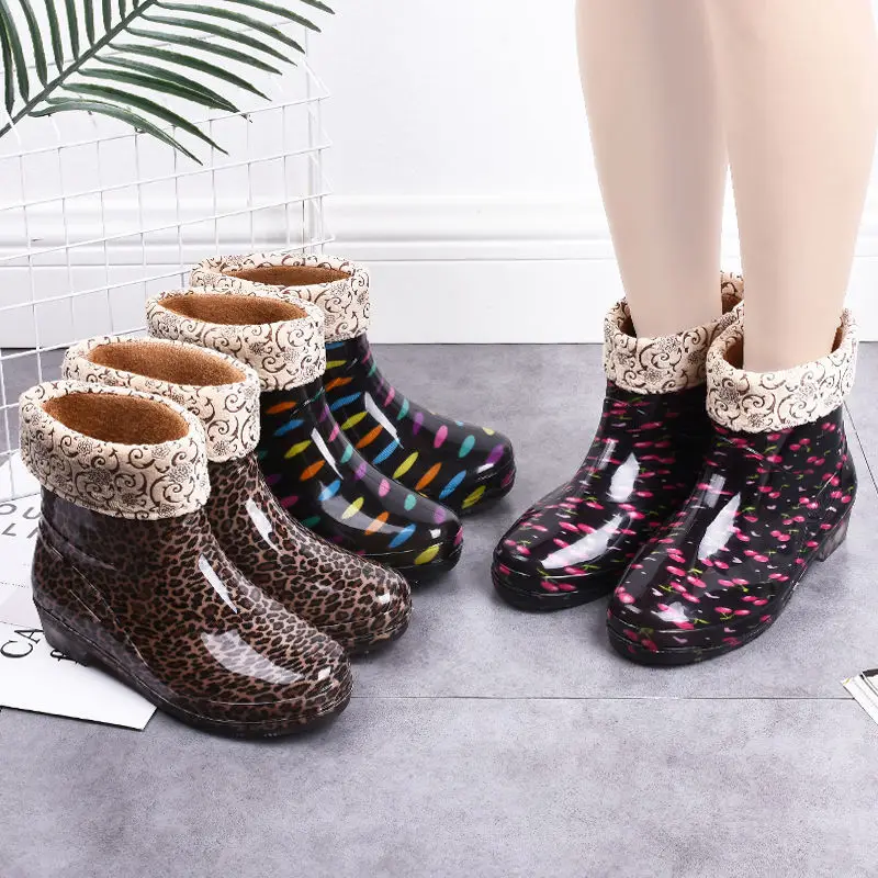Feerldi Purple Women Waterproof boots Low Heels Colorful Polka Dot Rain boots for women Plush Warm Water Shoes