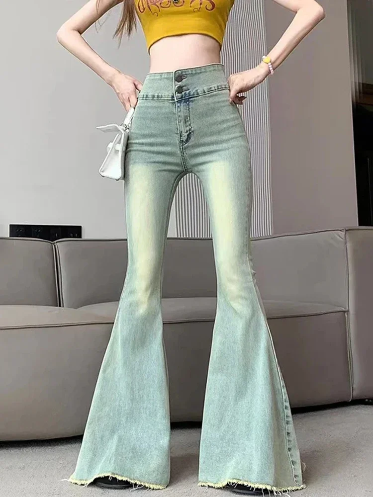 

Korean Women High Waist Slim Denim Pants Y2K Vintage Raw Edge Flare Jeans Solid Hip Hop Streetwear All Match Wide Leg Trousers
