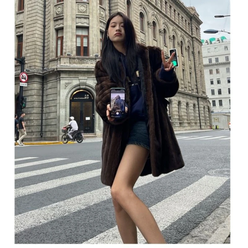 Luxury Vintage High-end Mink Coat Women Soft Fur Jacket Single-breasted Stand-up Collar Windproof Outerwear Design Jackets Trend
