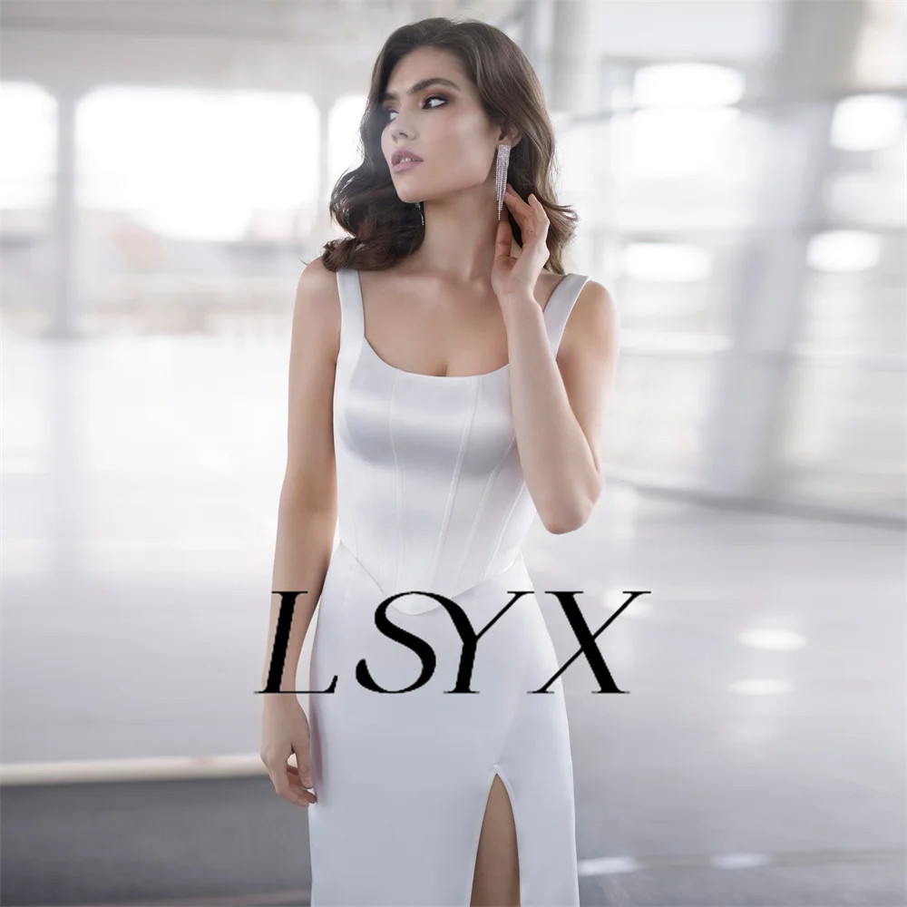 LSYX vestido de novia sencillo sin mangas con cuello cuadrado, vestido de novia con cremallera trasera, longitud hasta el suelo, abertura lateral alta, hecho a medida