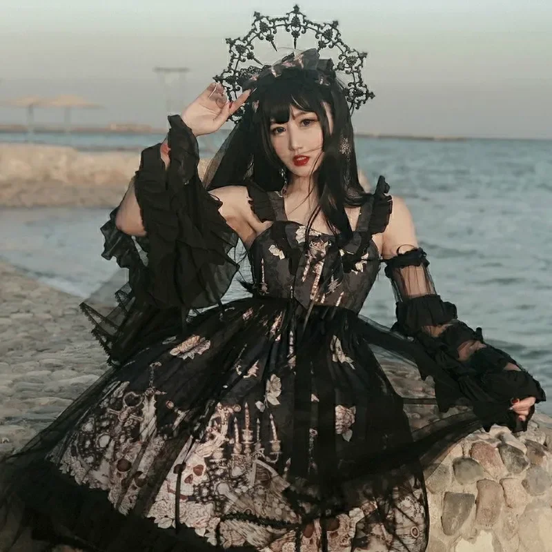 Japanese Gothic Jsk Lolita Dress Women Vintage Victorian Sleeveless Bow Princess Tea Party Dresses Girls Chic Print Lolita Dress