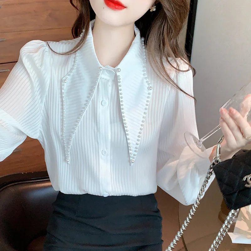 #2552 White Pink Long Sleeve Shirts Women France Style Ladies Tops And Blouses Pearls Vertrical Striped Shirts Female Autumn