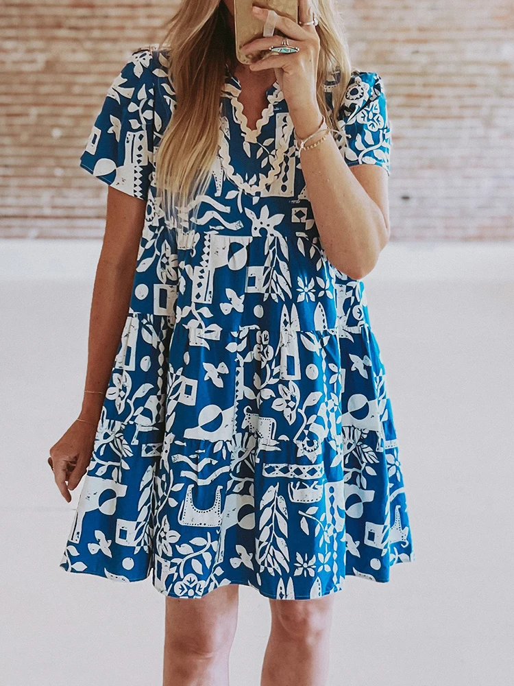 KHALEE YOSE Boho Floral Printed Dresses Blue Loose Spring Summer V-neck Ruffles Vintage Women Vocation Beach Ladies Dress New