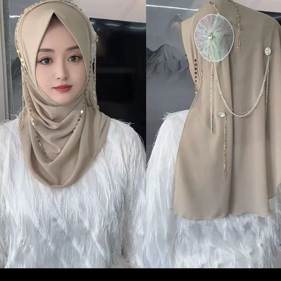 Hijab Muslim Women Shawl Headscarf Luxury Tassels Scarf Malaysia Prayer Kufi Islam Chiffon Turban 05562