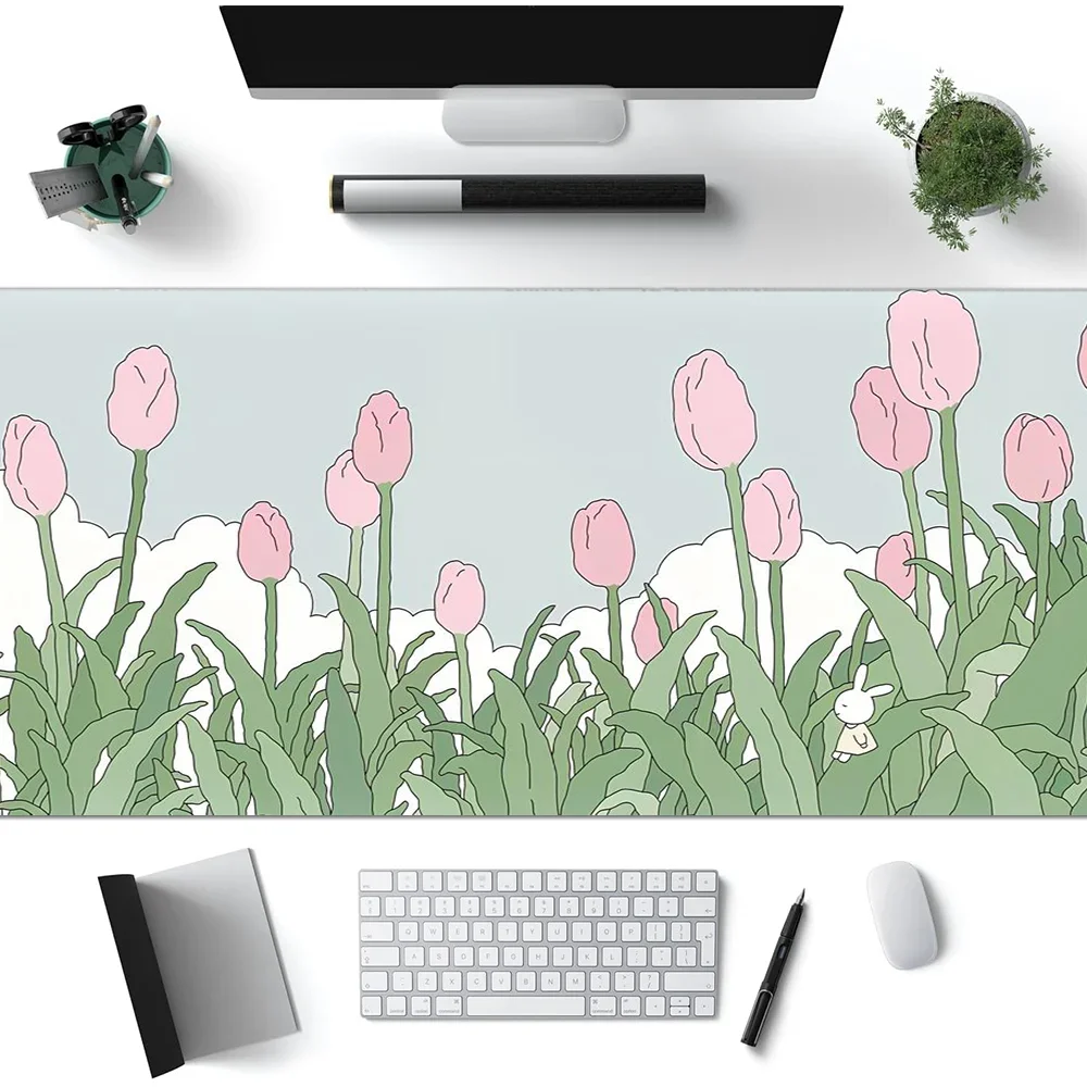 

Cute Flowers Mouse Pad Large Desk Accessories Desk Pad Rubber Base with Stitched Edge Mousepad Non-Slip Deskpad for Office