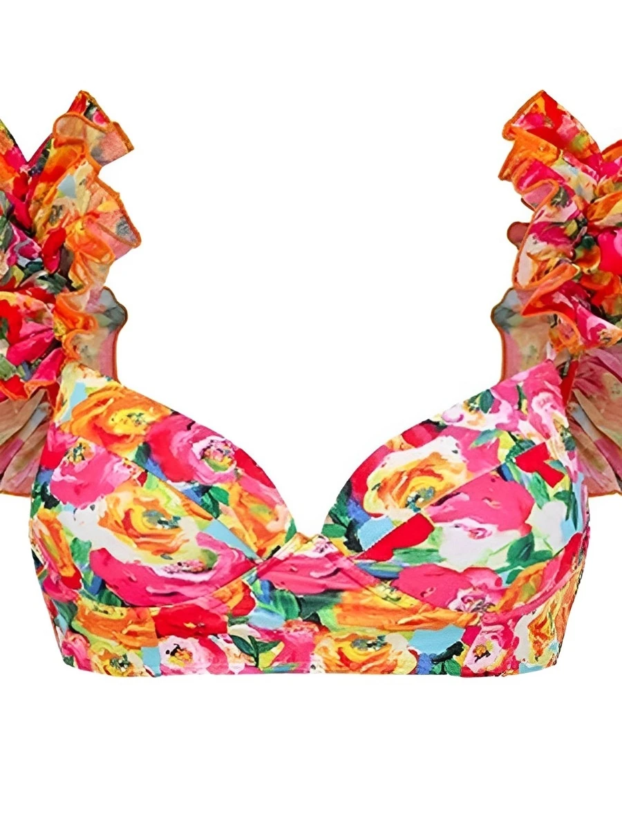 Biquíni feminino babado floral de cintura alta, maiô sexy, moda praia feminina, roupa de banho, banhistas, 2022