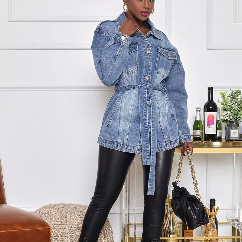 

Mid-Length Denim Jacket Women'S Casual Trench Coat With Belt