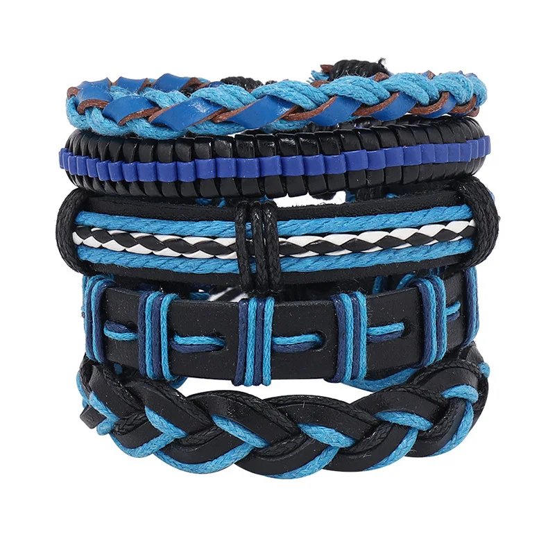 Blue Braided Rope Vintage Men Bracelets Hiphop Hand Strap Punk Bracelet Jewelry Gift 5 Pcs/Set