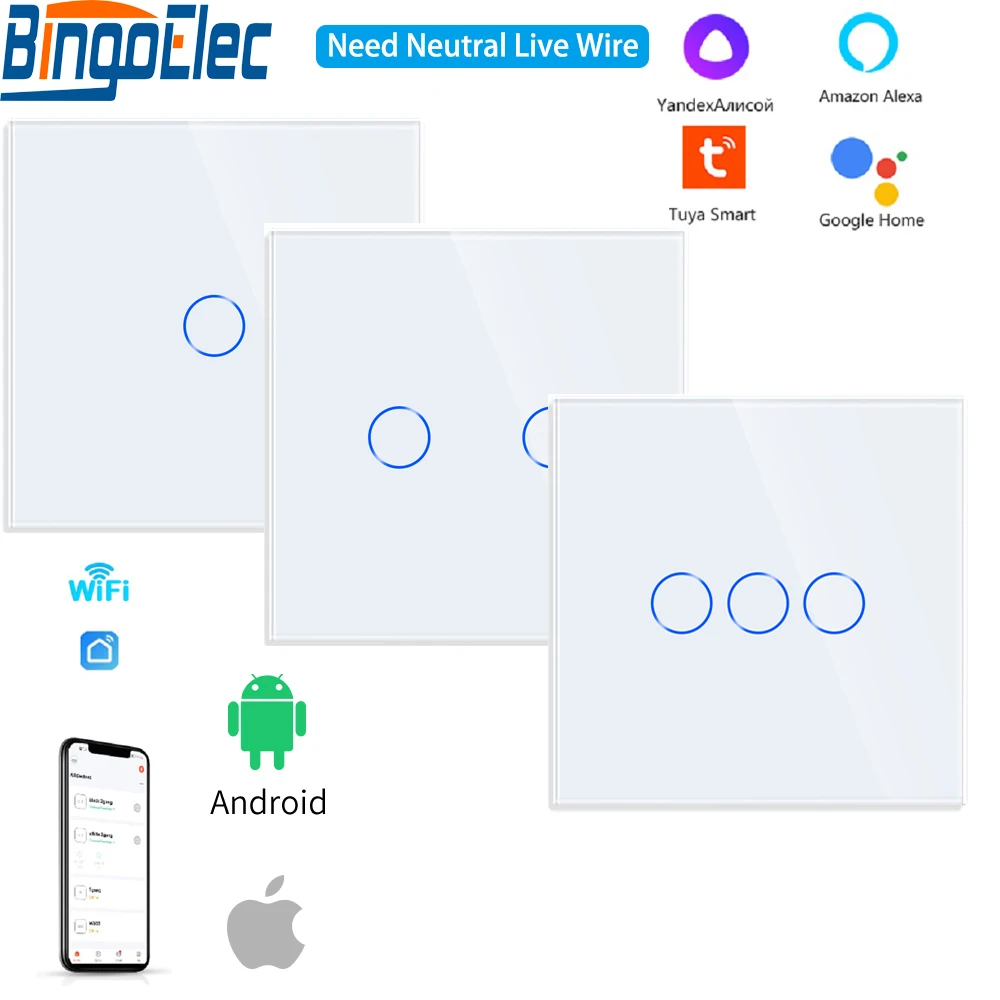 Bingoelec Tuya WiFi Smart Switch Works with Alexa Smart Life Alice with Neutral Wire Touch Light Switch Wall Voice Control