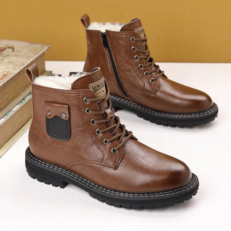Men's Winter New High Top Fleece Lined Work Boots Non Slip Thick Sole Side Zipper Warm Short Snow Boots