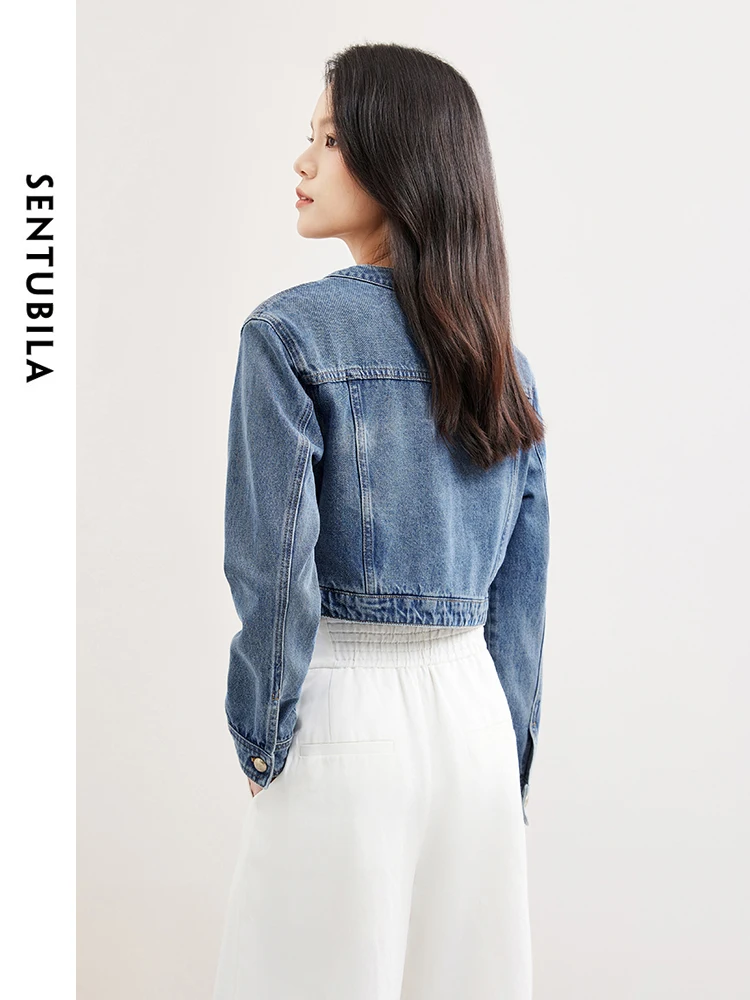 SENTUBILA Comfort Round Neck Cotton 100% Cropped Denim Jacket 2024 Spring Single Breasted Short Washed Jeans Coat W41W53401