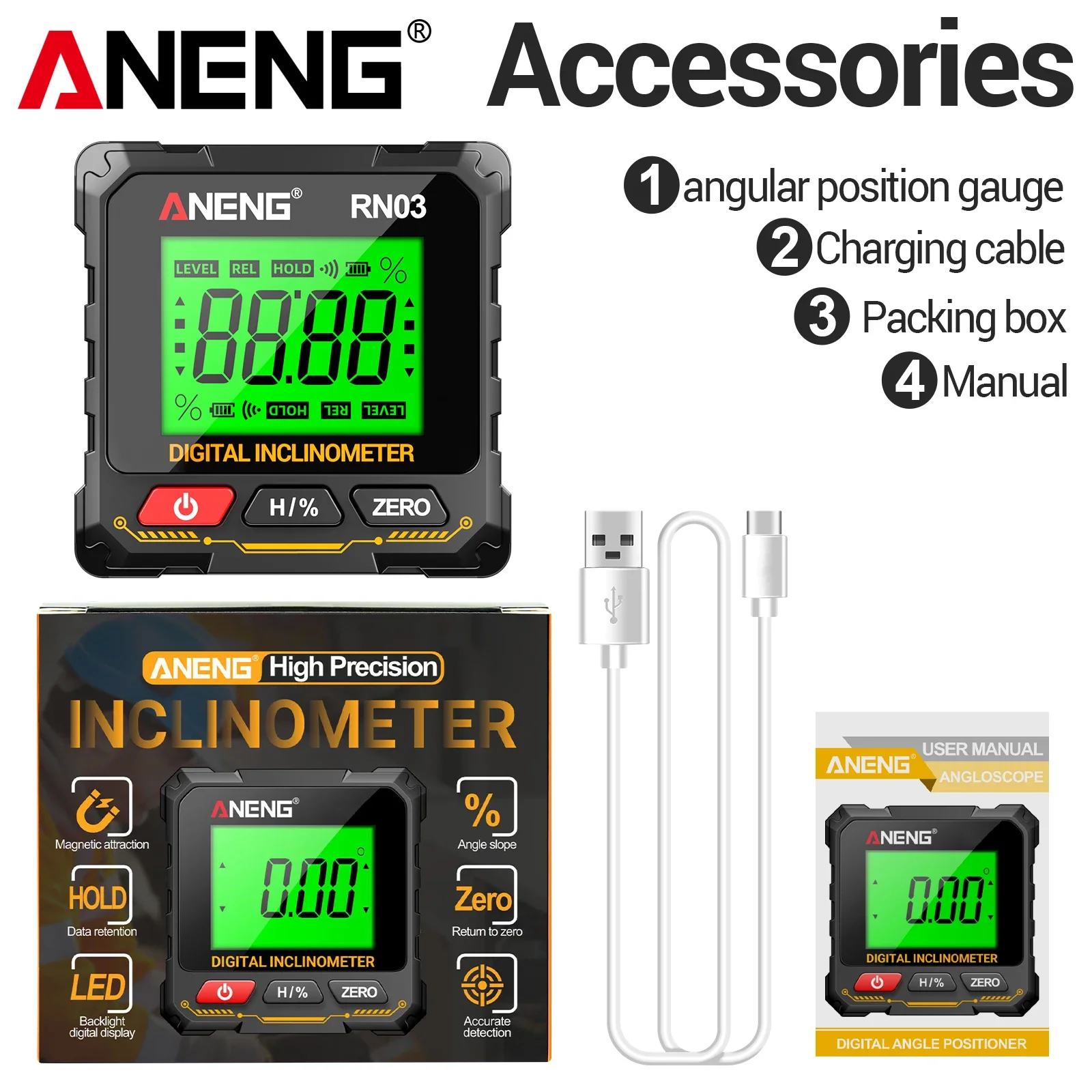 ANENG RN01/RN02/RN03 Inclinometer High-precision 0.05 °Four Sided Magnetic Suction Angle Automatic Flipping Measuring Instrument