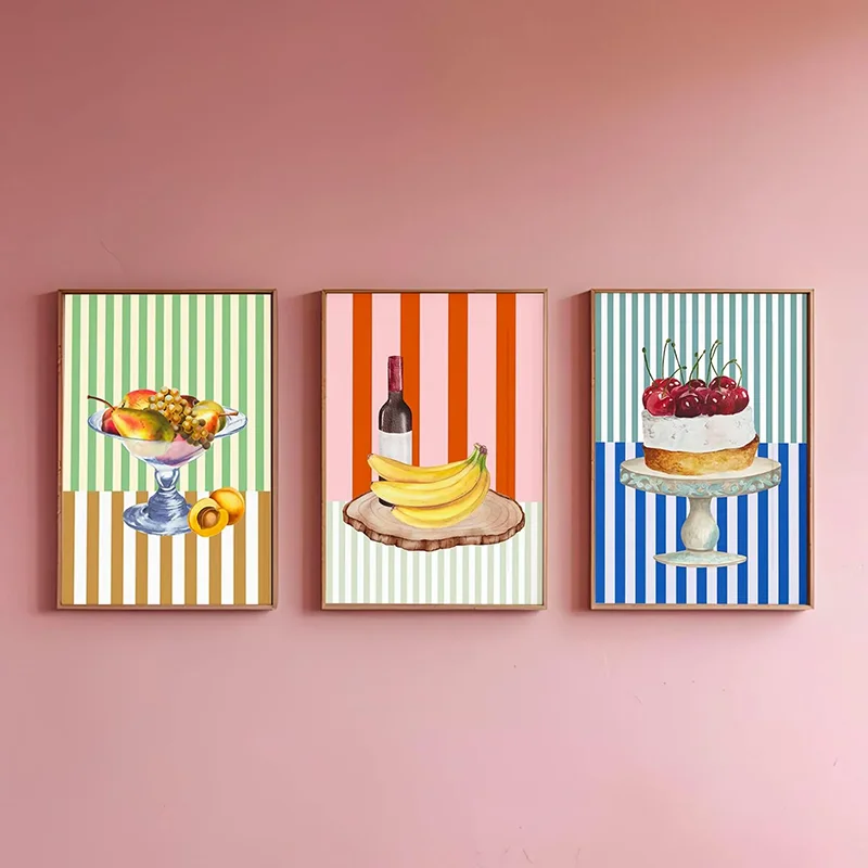 3PCS frameless decorative art print,3PCS Striped Wall Art  Bundle Cake & Fruit Poster  Girly Kitchen Wine Cherry Gallery Art