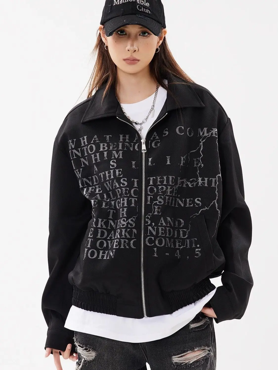 Women American Retro High Street Letter Print Jacket Unisex Lapel Zip-Up Coat Trendy Oversized Outerwear for Spring Autumn