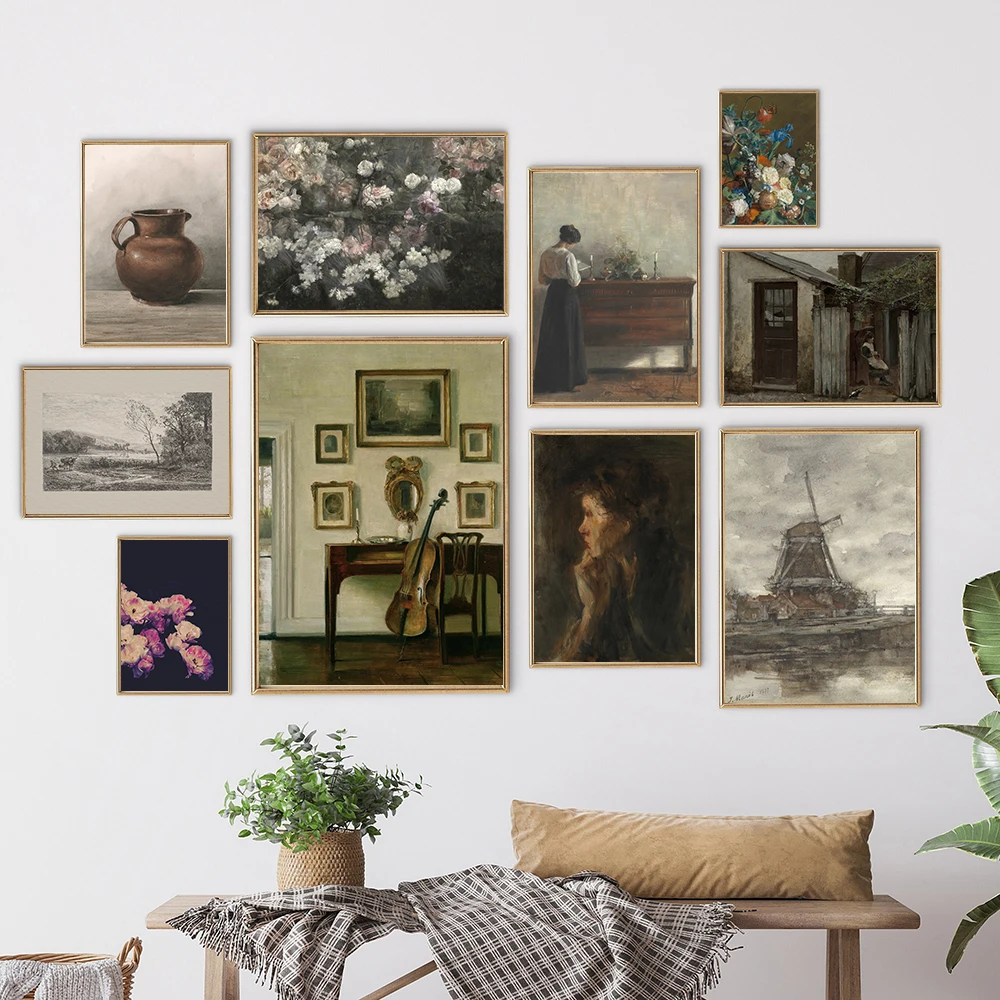 Impresiones artísticas de pared de galería de paisaje del condado Vintage, pintura al óleo de nube de humor rústico, impresiones en lienzo, imágenes de flores antiguas, decoración