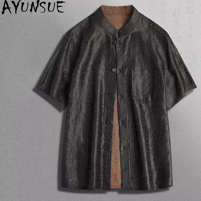 AYUNSUE 100%Natural Mulberry Silk Shirt for Men Summer Top High Quality Watered Gauze Short Sleeve Shirts Reversible Black Shirt