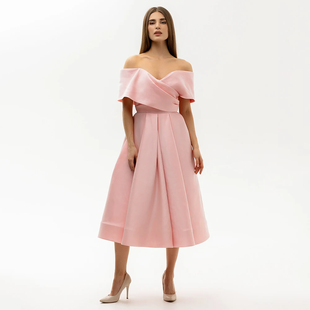 Customized Women's Formal Party Dresses Midi Off the Shoulder Simple Wedding Cocktail Gowns A Line Pink Satin Bridesmaid Dress