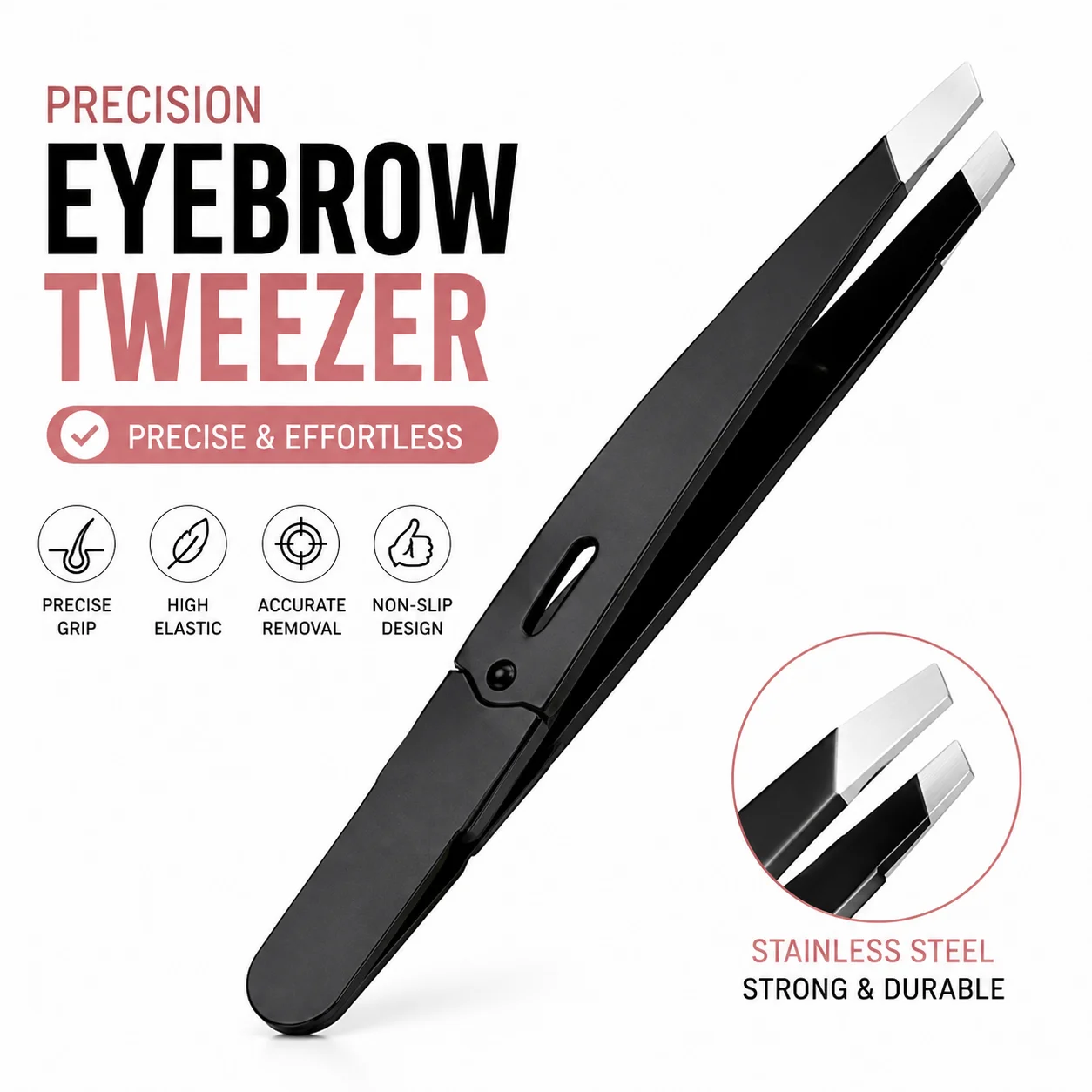 Highly elastic and labor-saving eyebrow tweezers, stainless steel for precise pinching, suitable for soft, hard, and thick hairs, ergonomic and non-slip eyebrow pliers